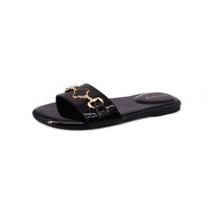 Black Patent Slide Sandal with Gold Hardware